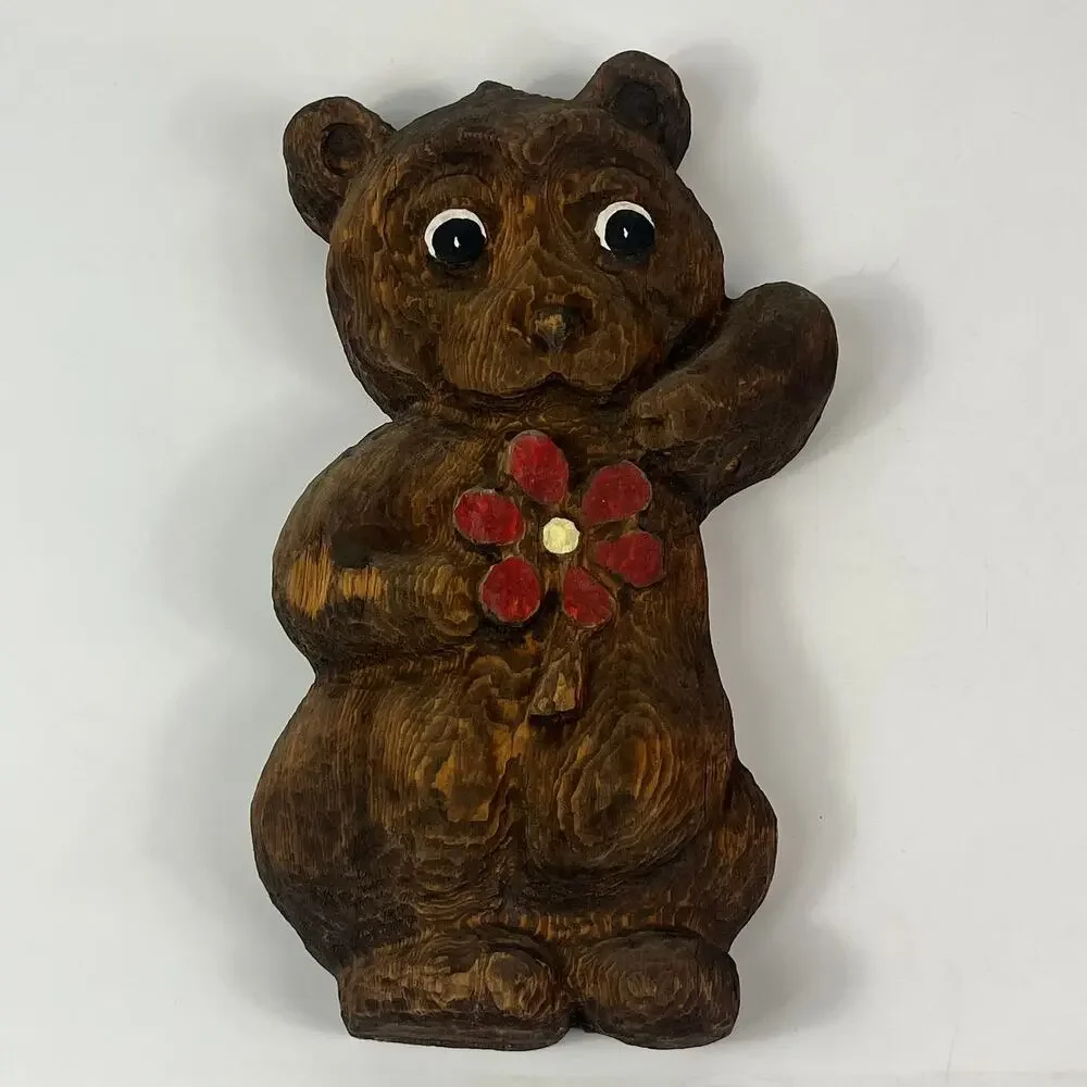 Vintage Handmade Wooden Bear Carved Hand Painted Wall Hanging Decor Red Flower